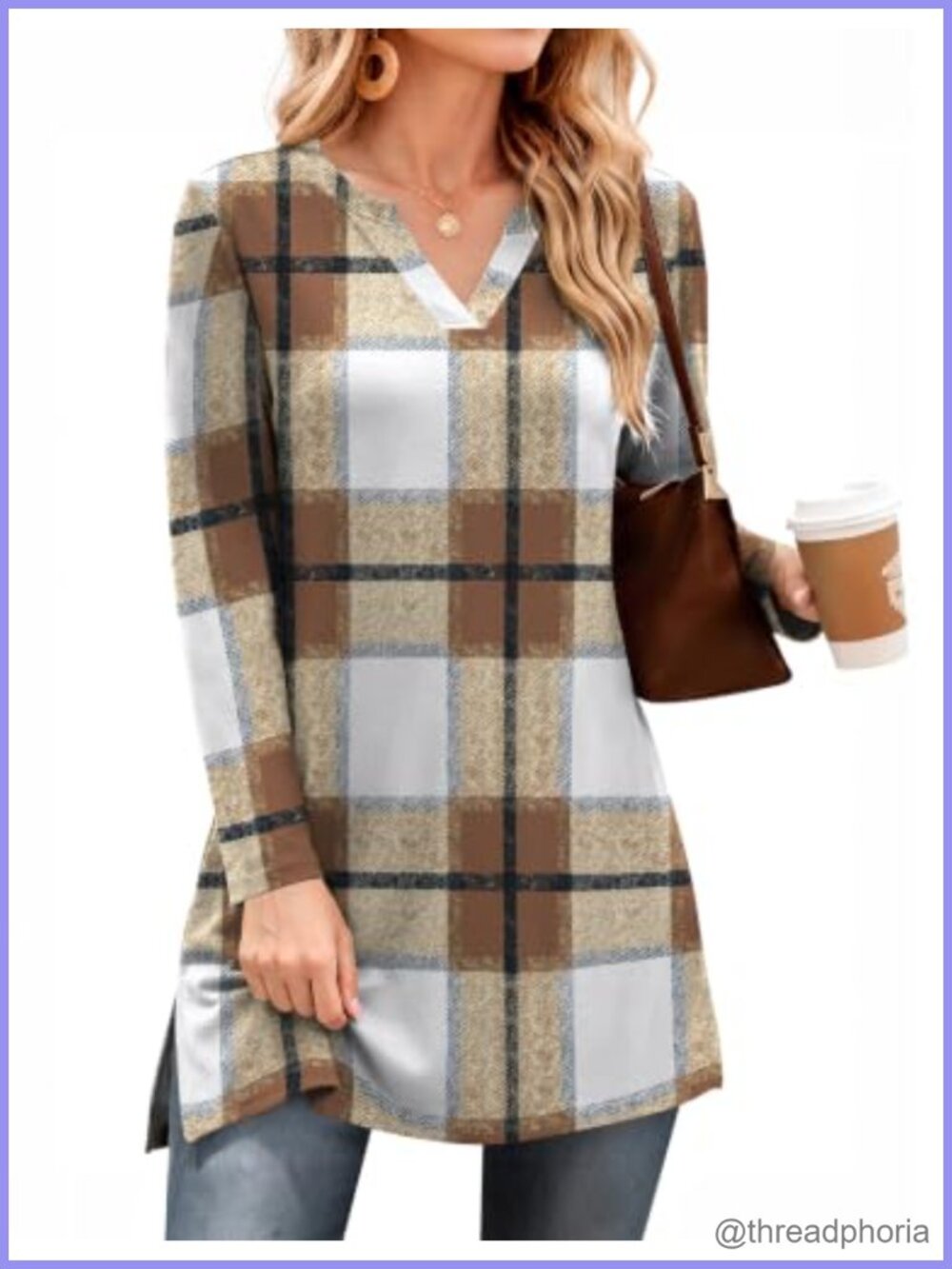 Long Sleeve V Neck Tunic Top Womens 95% Polyester Spandex Casual Fall
